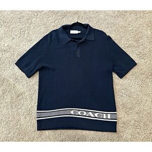 Coach Navy Knit Polo Shirt Logo Stripe Hem Short Sleeve Men's Size S‎